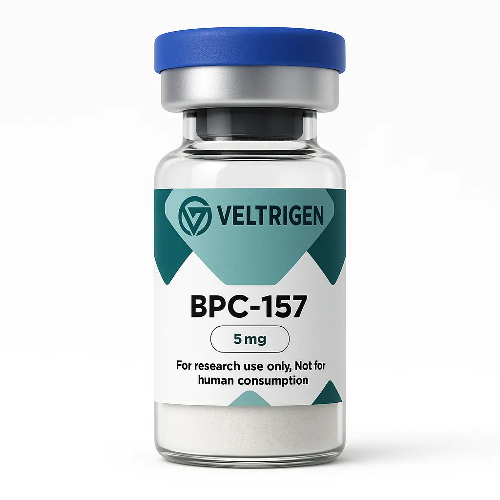 BPC-157 research peptide 5mg vial, third-party tested for purity and stability, packaged in a clear glass vial with white lyophilized powder. For laboratory research use only.