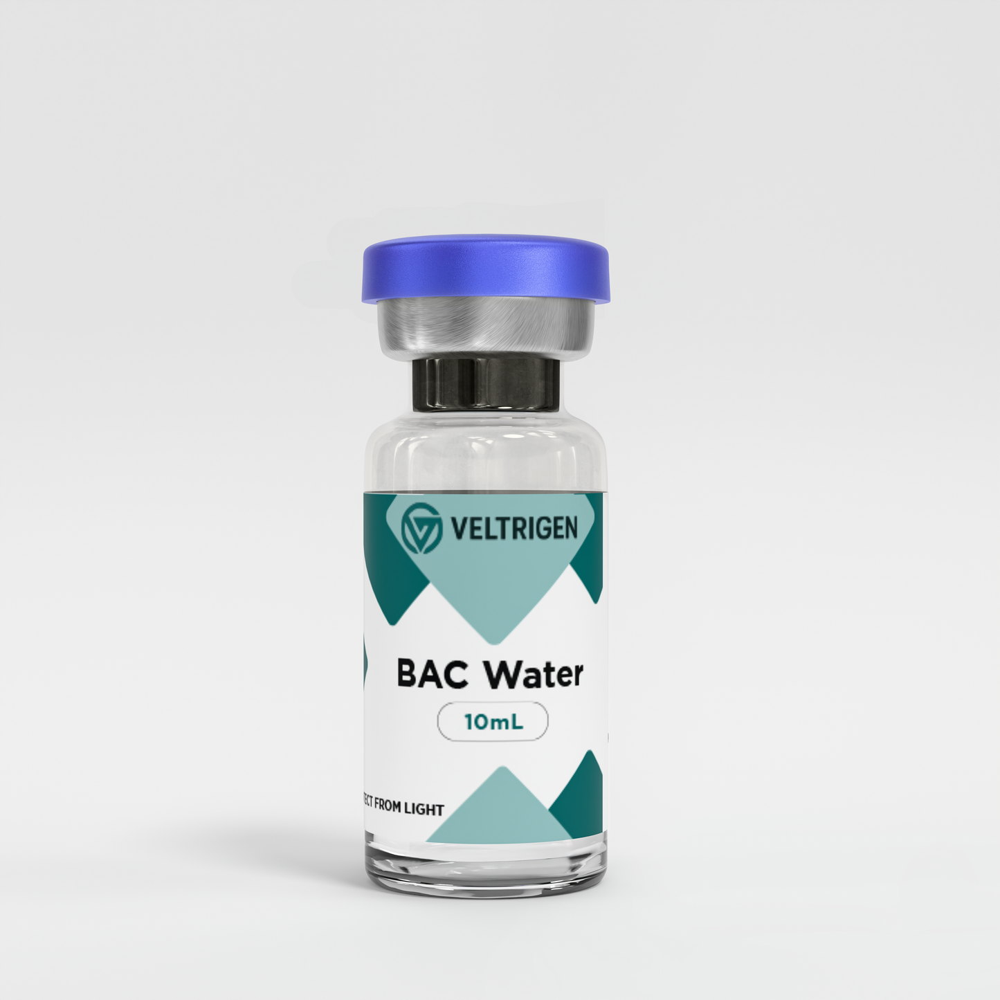 Vial labeled 'BAC Water 10 mL' by Veltrigen on a white background