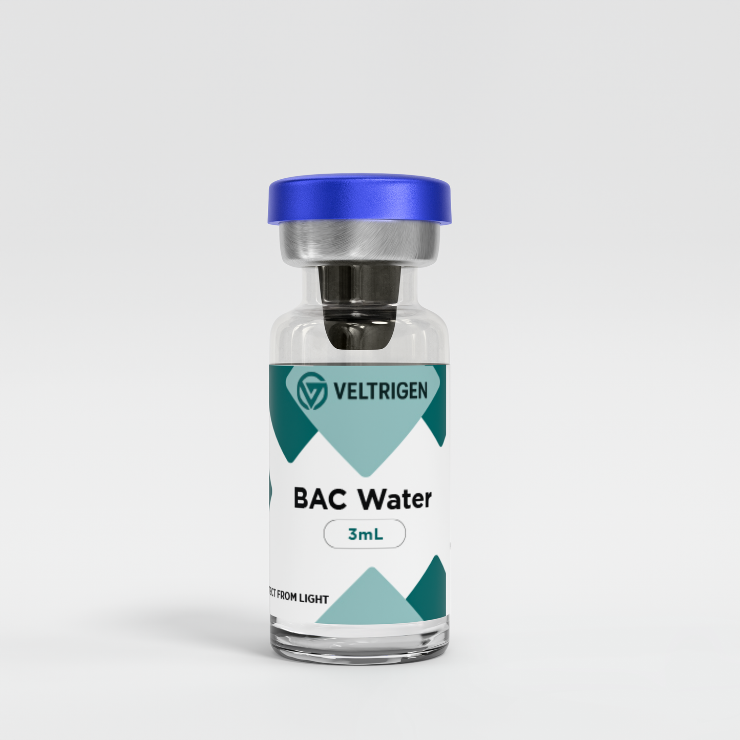 Vial labeled 'BAC Water 3mL' by Veltrigen on a white background