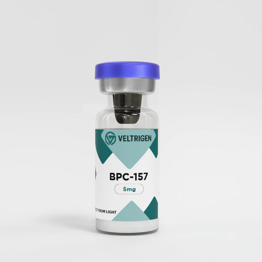 Vial labeled 'BPC-157 5mg' with Veltrigen branding on a white background