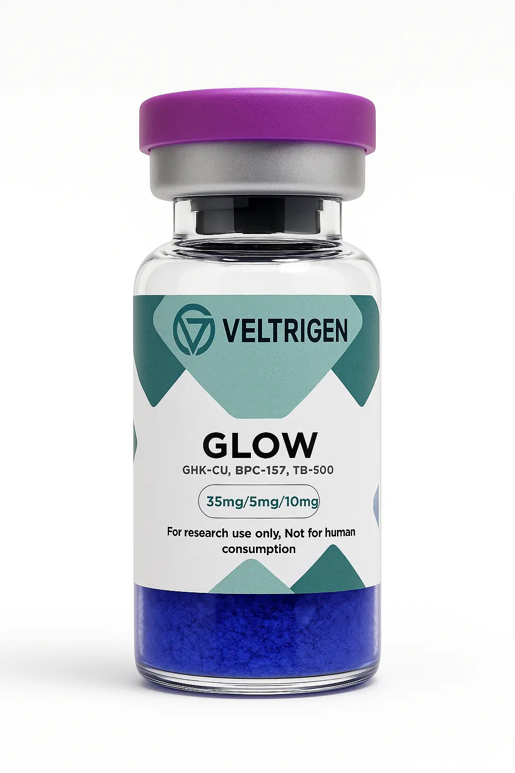 GLOW research peptide blend vial, containing GHK-Cu, BPC-157, and TB-500. High-purity lyophilized powder for laboratory research use only.