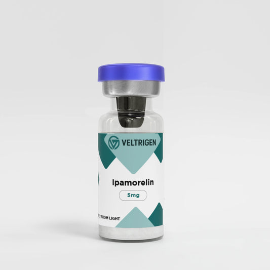 Vial labeled 'Ipamorelin' with Veltrigen branding on a white background
