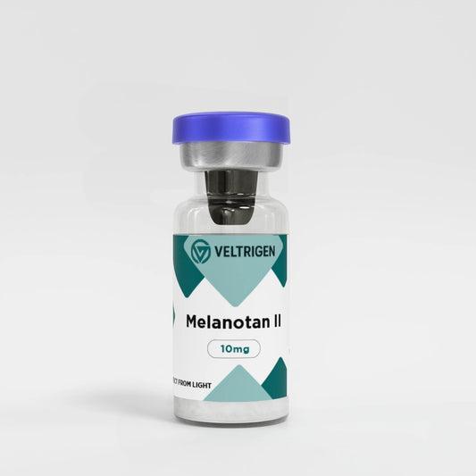 Vial labeled 'Melanotan II' with Veltrigen branding on a white background