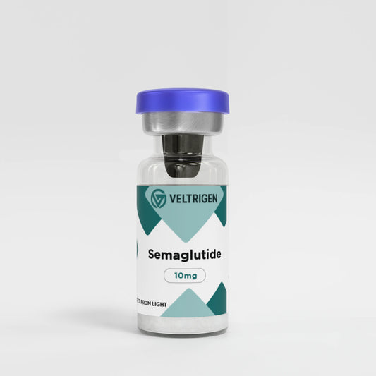 Vial labeled 'Semaglutide' with Veltrigen branding on a white background