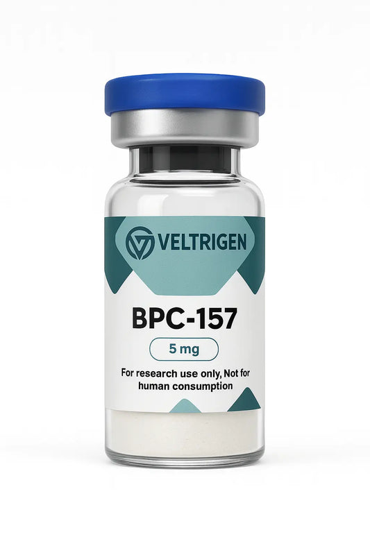 BPC-157 5mg research peptide vial, third-party tested for purity. For laboratory research use only.