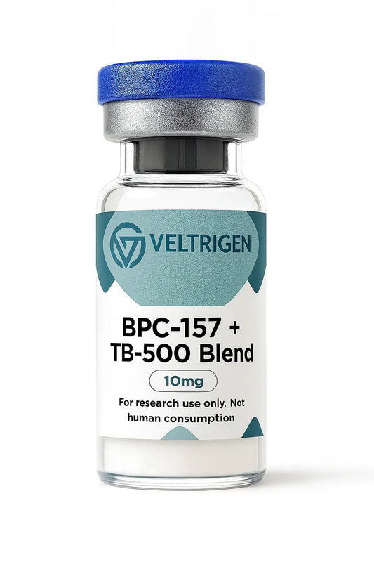 BPC-157 and TB-500 research peptide blend vial, third-party tested for purity. Lyophilized powder for laboratory research use only.