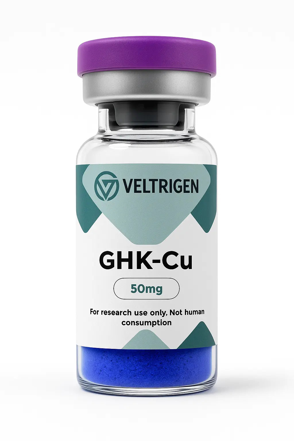 GHK-Cu 50mg research peptide vial, third-party tested for purity. Copper peptide lyophilized powder for laboratory research use only.
