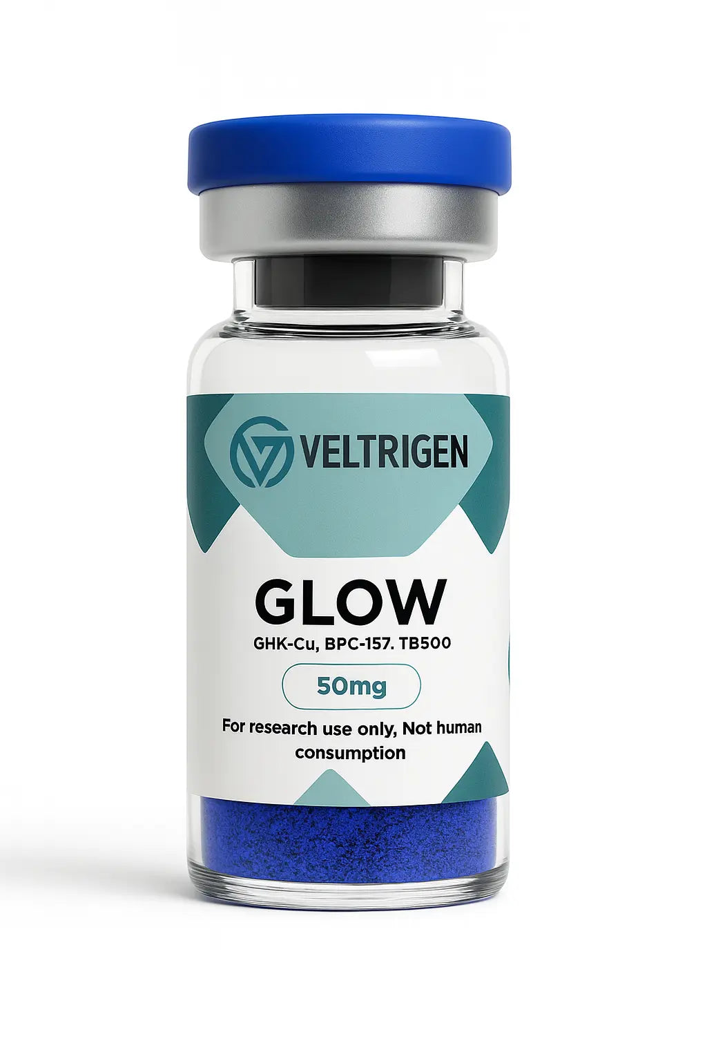 GLOW research peptide blend vial containing GHK-Cu, BPC-157, and TB-500. Third-party tested lyophilized powder for laboratory research use only.