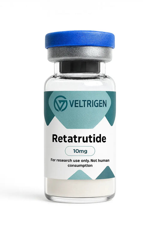 Retatrutide 10mg research peptide vial, third-party tested for purity and consistency. Lyophilized powder for laboratory research use only.