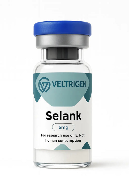 Selank 5mg research peptide vial, third-party tested for purity and consistency. Lyophilized powder for laboratory research use only.