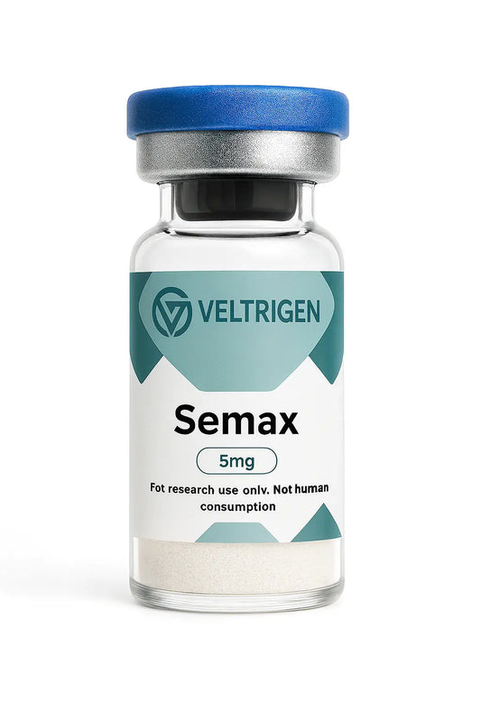 Semax 5mg research peptide vial, third-party tested for purity and stability. Lyophilized powder for laboratory research use only.