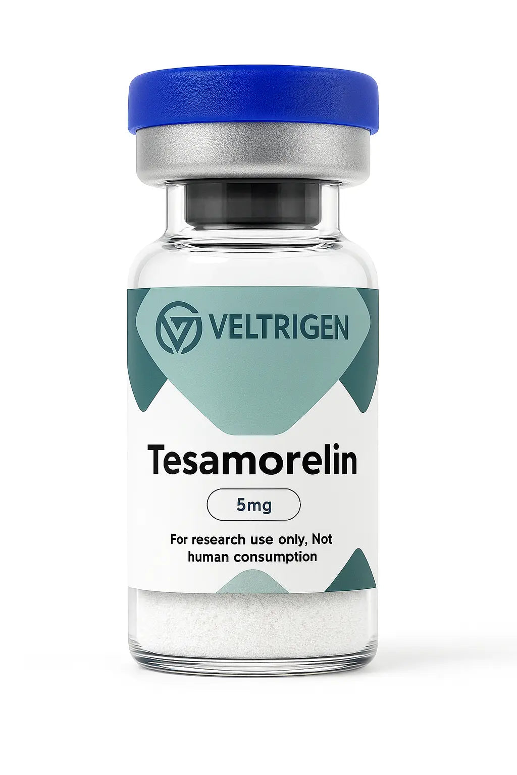 Tesamorelin 5mg research peptide vial, third-party tested for purity and quality. Lyophilized powder for laboratory research use only.