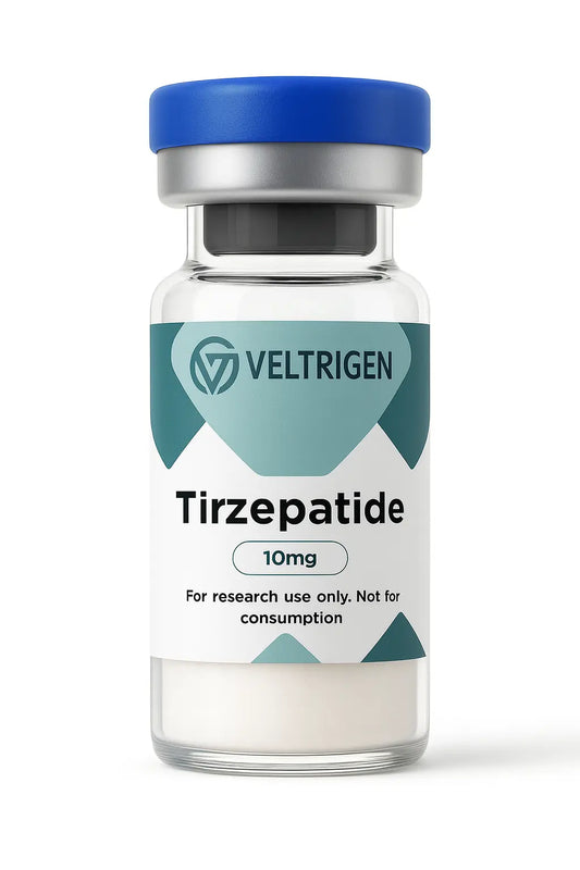 Tirzepatide 10mg research peptide vial, third-party tested for purity and stability. Lyophilized powder for laboratory research use only.